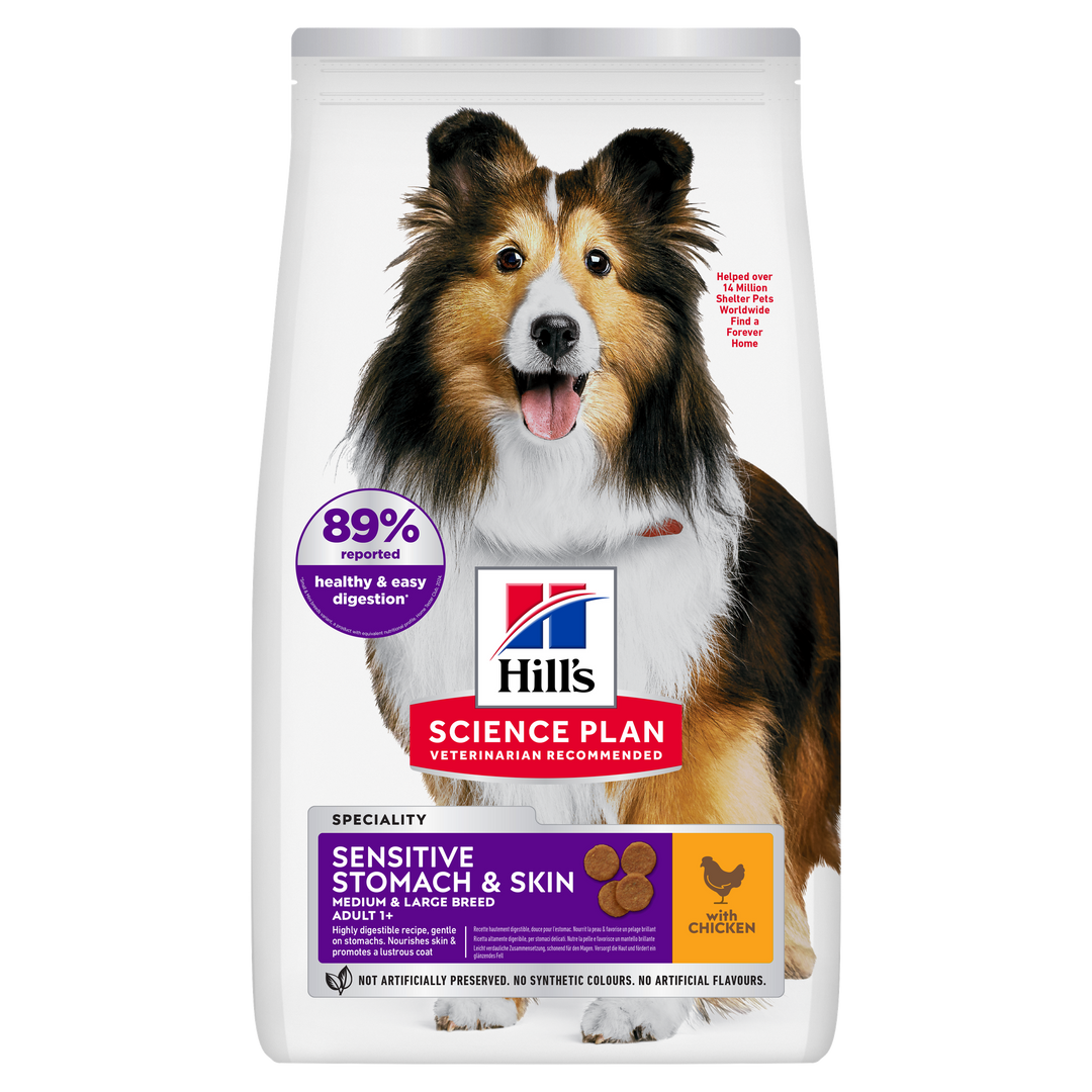 Hill's Science Plan Sensitive Stomach & Skin Medium & Large Breed Adult Dog Food with Chicken 14kg, front of bag
