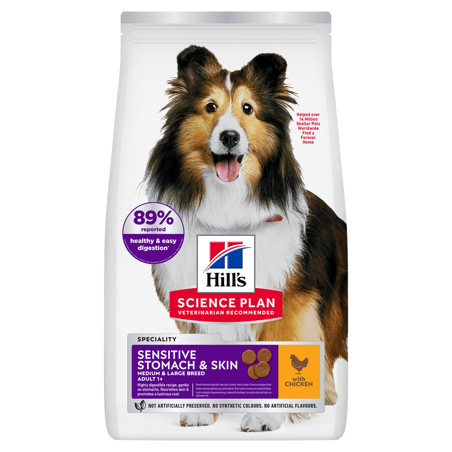 Hill's Science Plan Sensitive Stomach & Skin Medium & Large Breed Adult Dog Food with Chicken 14kg, front of bag