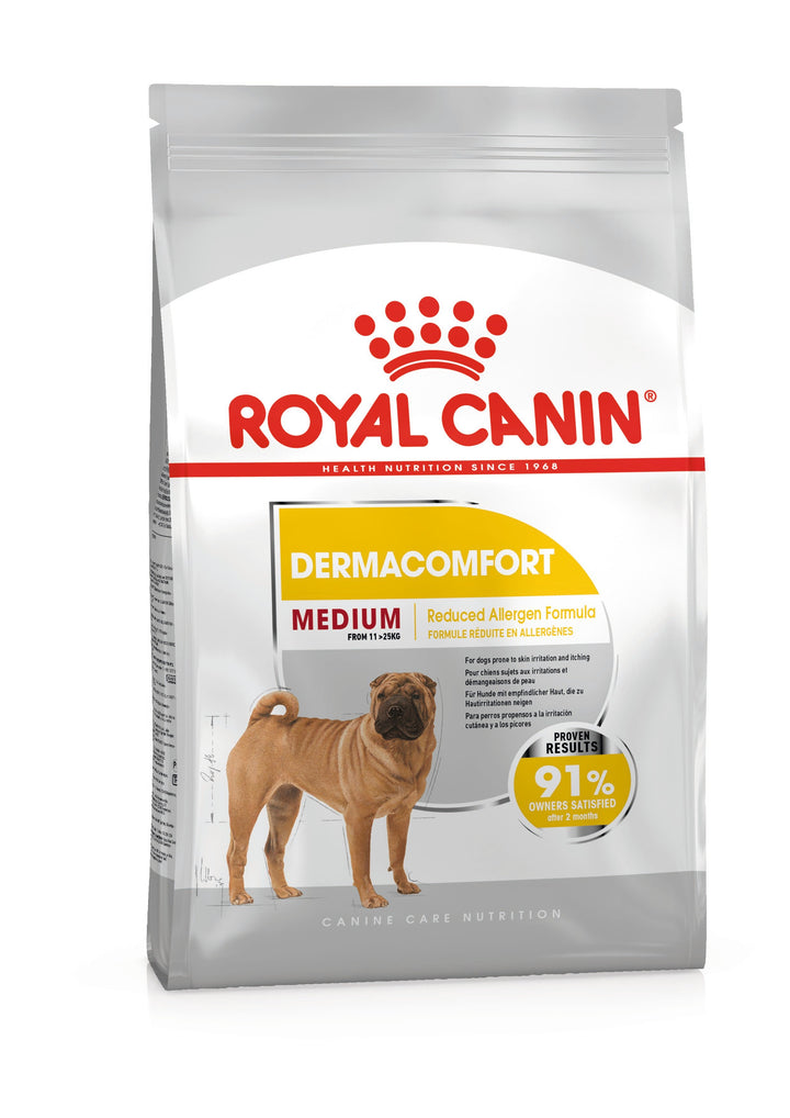 Royal Canin Medium Dermacomfort dry dog food bag, front of pack