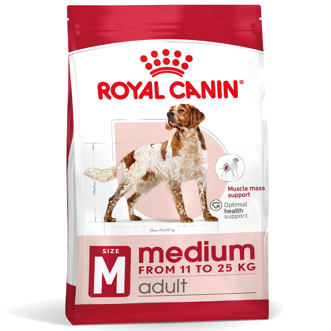 Royal Canin Medium Adult dry dog food bag for dogs 11kg to 25kg, front of pack