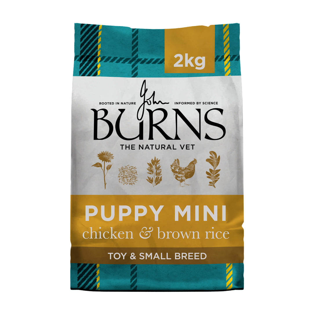 Burns Puppy Mini Chicken and Brown Rice 2kg for toy and small breed puppies, front of pack