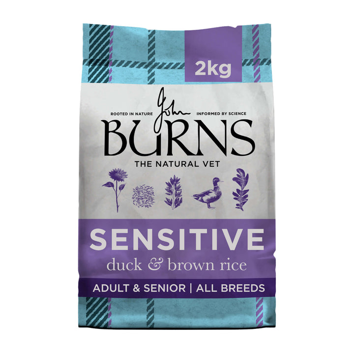 Burns Sensitive Duck & Brown Rice adult and senior dry dog food 2kg bag, front of pack