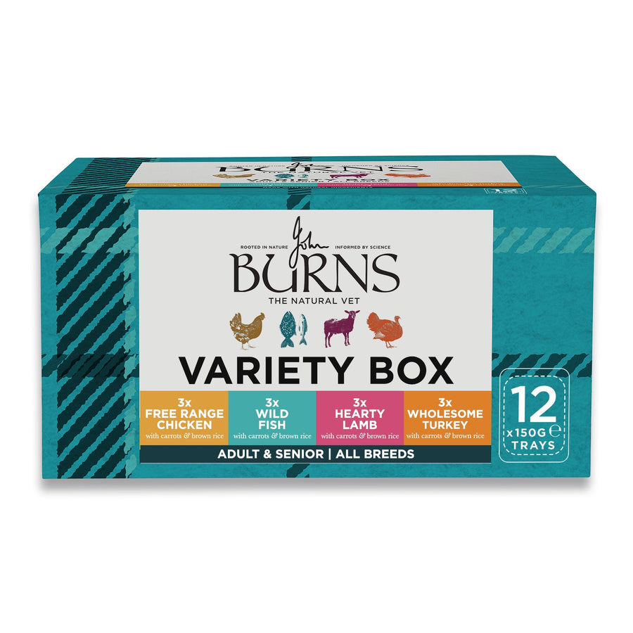 Burns Adult & Senior Wet Dog Food Variety Box 12 x 150g trays, front of box (current packaging)
