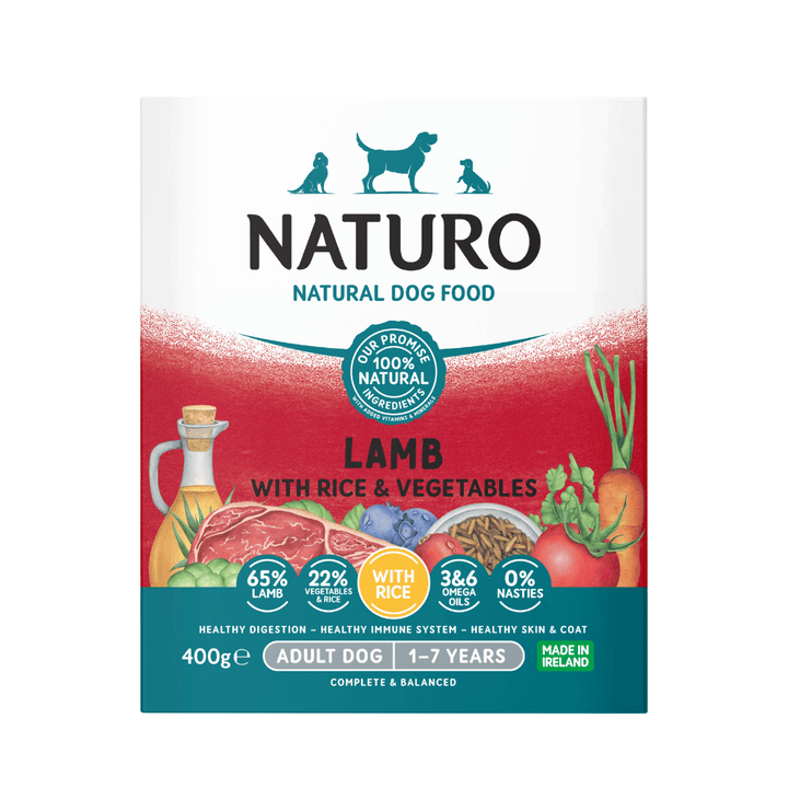 Naturo Adult Lamb with Rice & Vegetables 400g wet dog food tray, front of pack