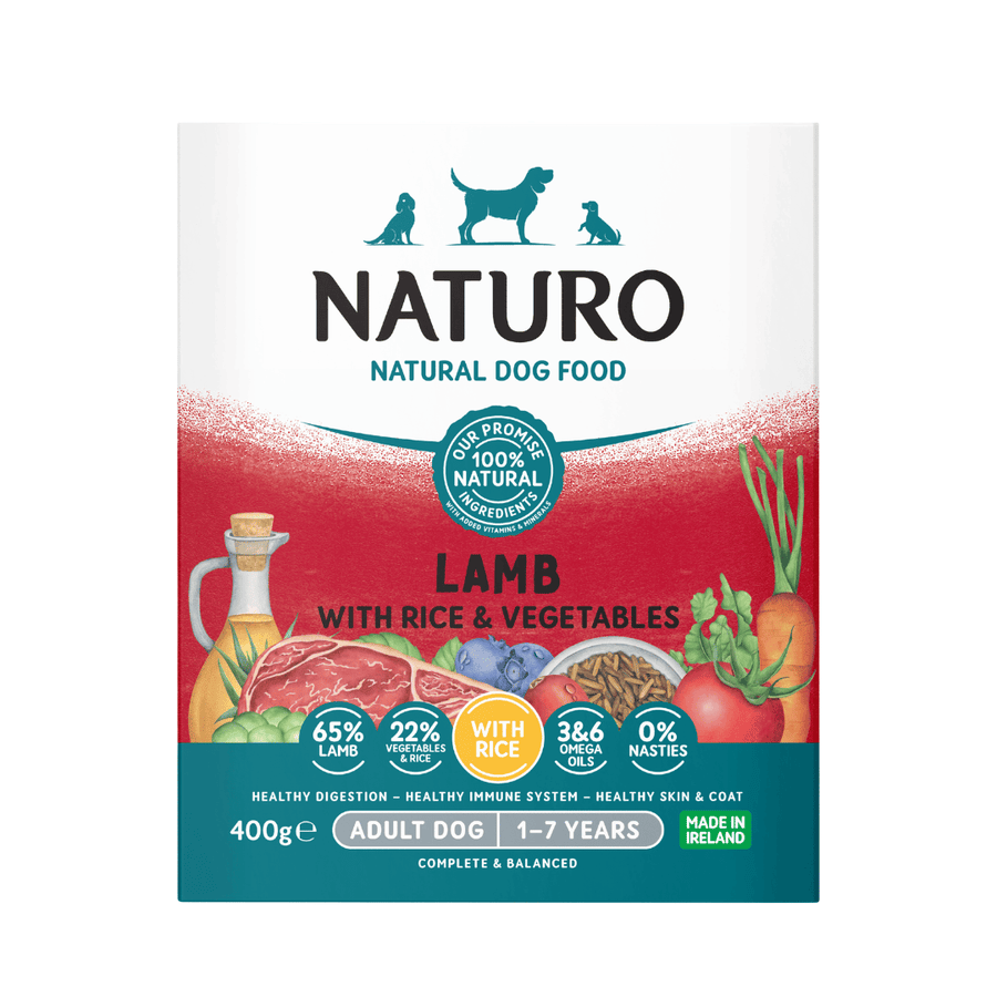 Naturo Adult Lamb with Rice & Vegetables 400g wet dog food tray, front of pack