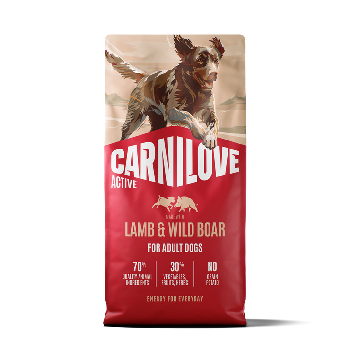 Carnilove Active Lamb and Wild Boar adult dry dog food, new red bag, front