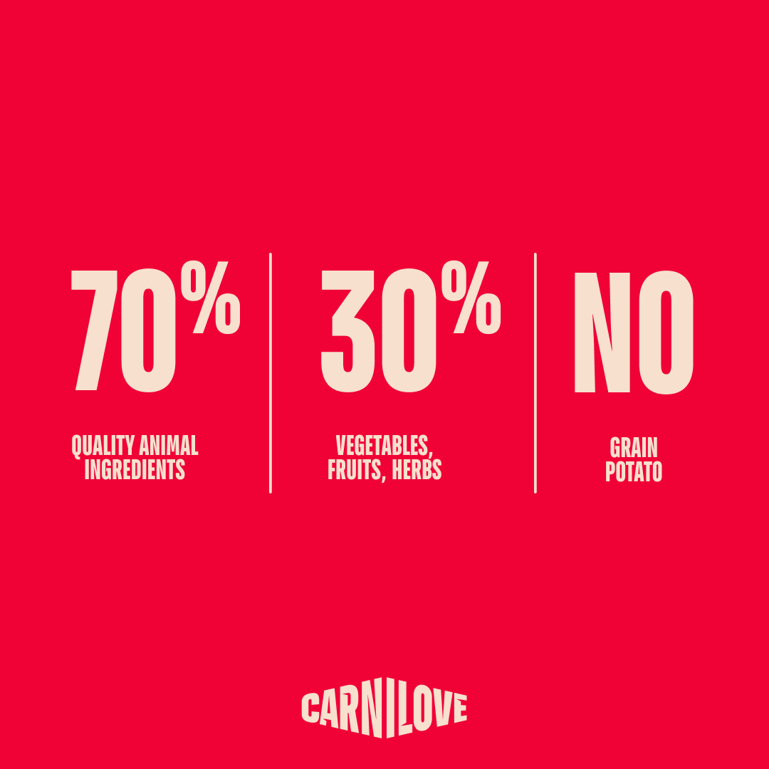 Carnilove Active: 70% quality animal ingredients, 30% vegetables, fruits and herbs, no grain or potato