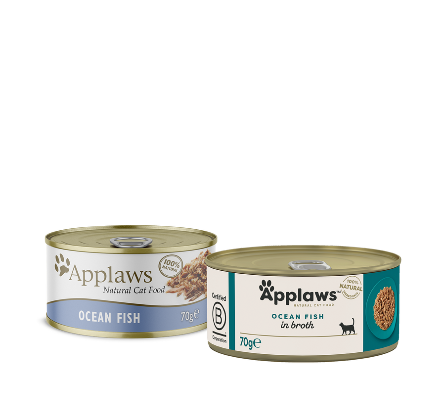 Applaws Ocean Fish in Broth 70g can, previous and new pack designs side by side