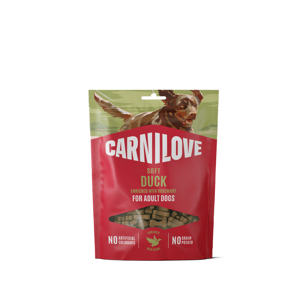 Carnilove Duck enriched with Rosemary soft snack for dogs 200g pouch, front