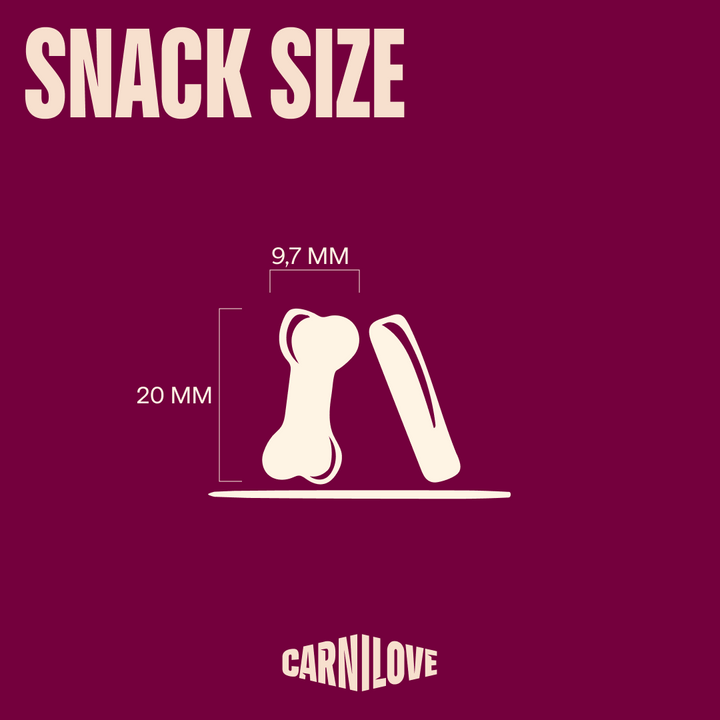 Carnilove soft snack size, about 20mm by 9.7mm bone shape