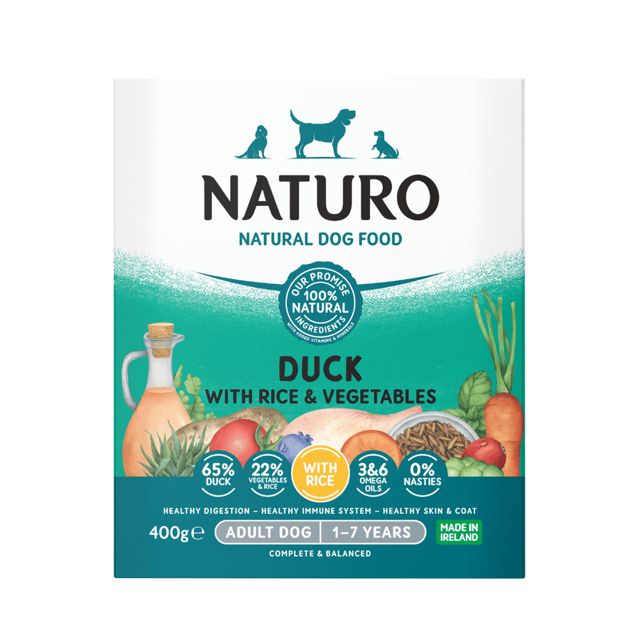 Naturo Adult Duck with Rice & Vegetables 400g wet dog food tray, front of pack
