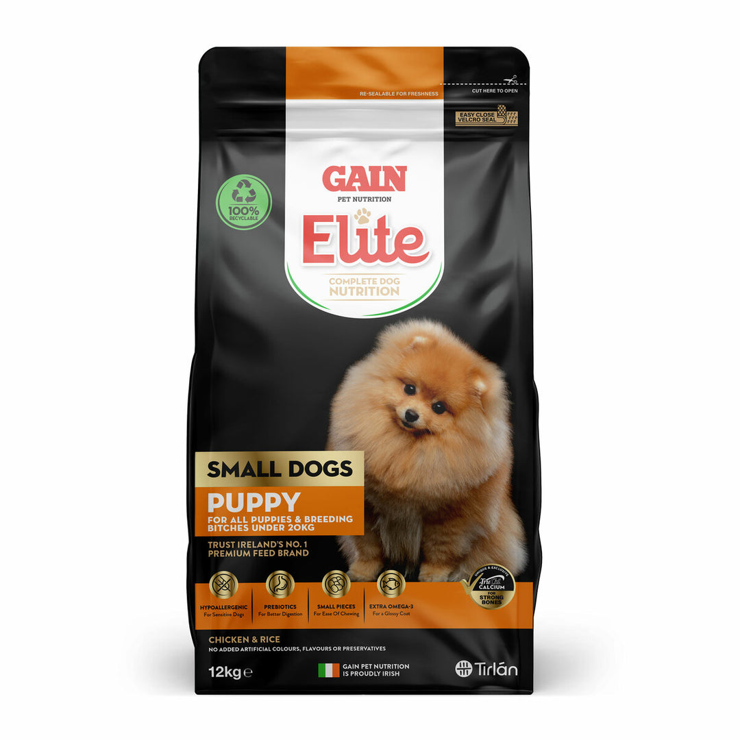 Gain Elite Small Dogs Puppy Chicken dog food 12kg bag, front of pack
