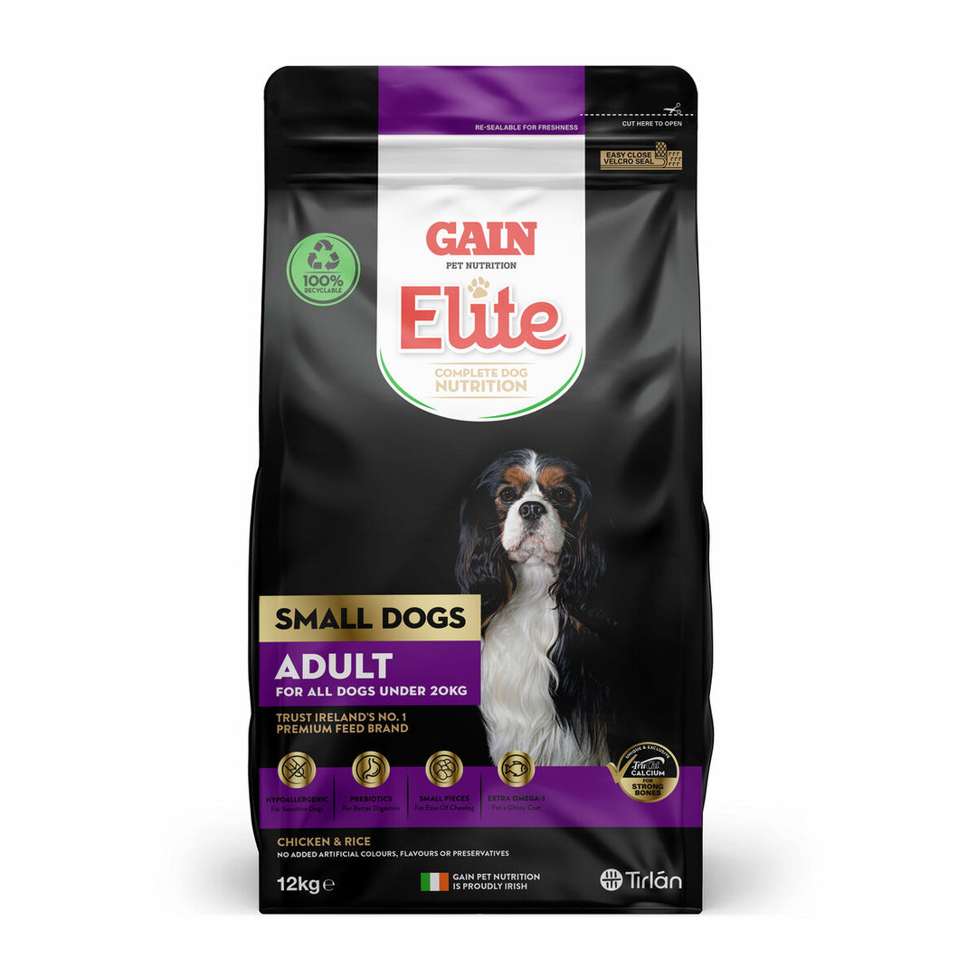 Gain Elite Small Dogs Adult Chicken dog food 12kg bag, front of pack