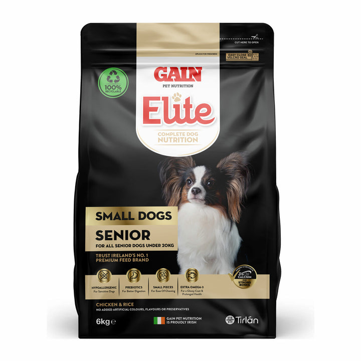 Gain Elite Small Dogs Senior 6kg dry dog food bag, front of pack