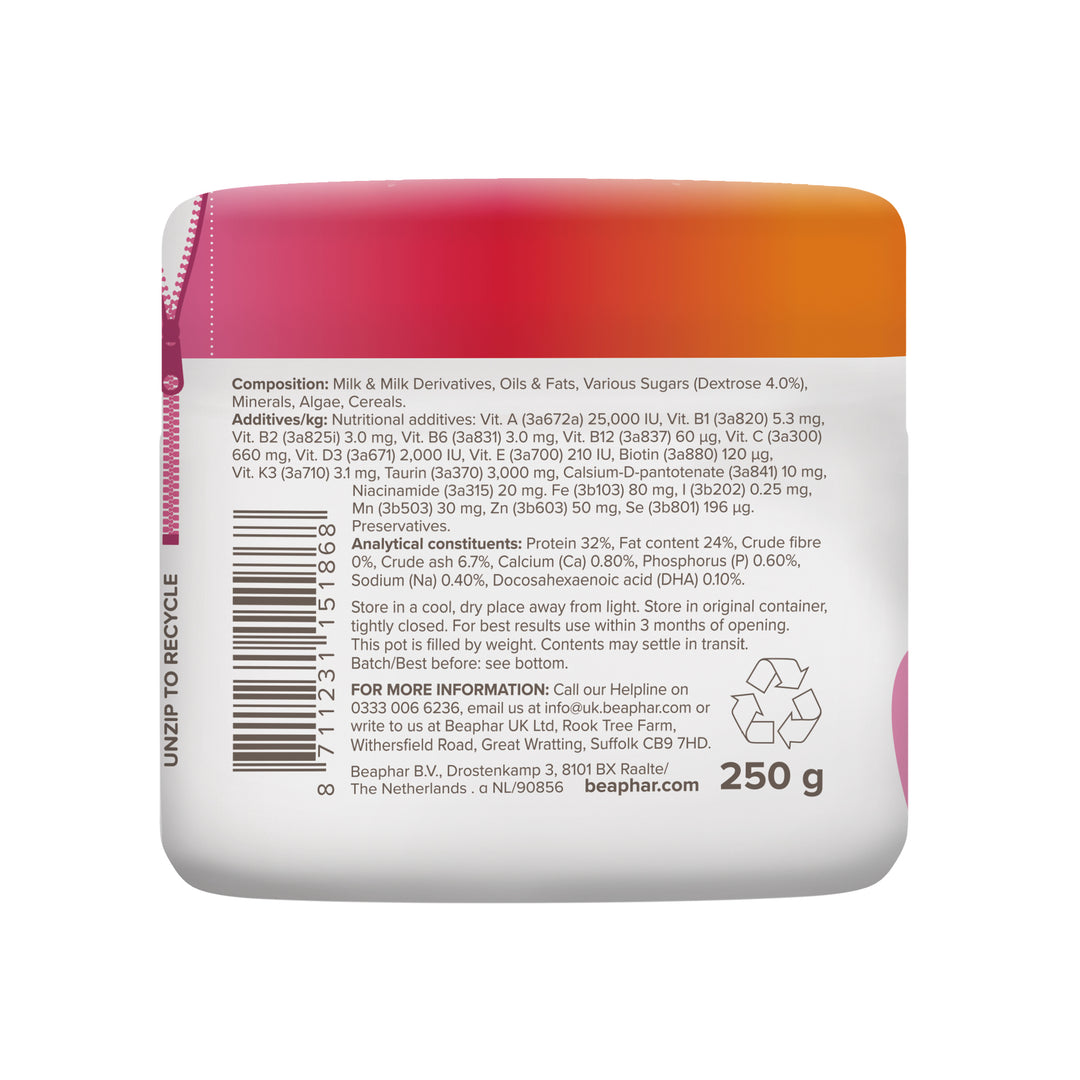 Beaphar Lactol Kitten Milk 250g tub, composition and analytical constituents panel