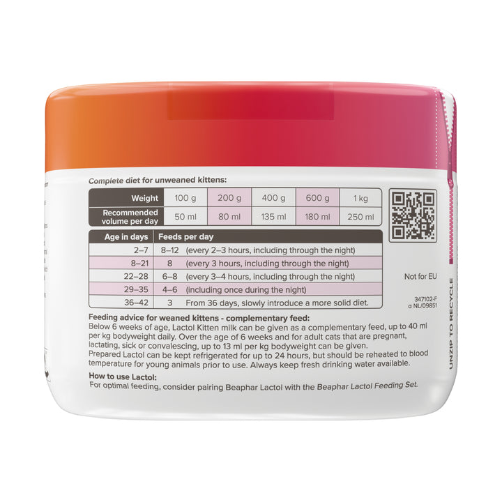Beaphar Lactol Kitten Milk tub, feeding guide by kitten weight and age
