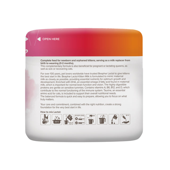 Beaphar Lactol Kitten Milk tub, directions and how to prepare panel