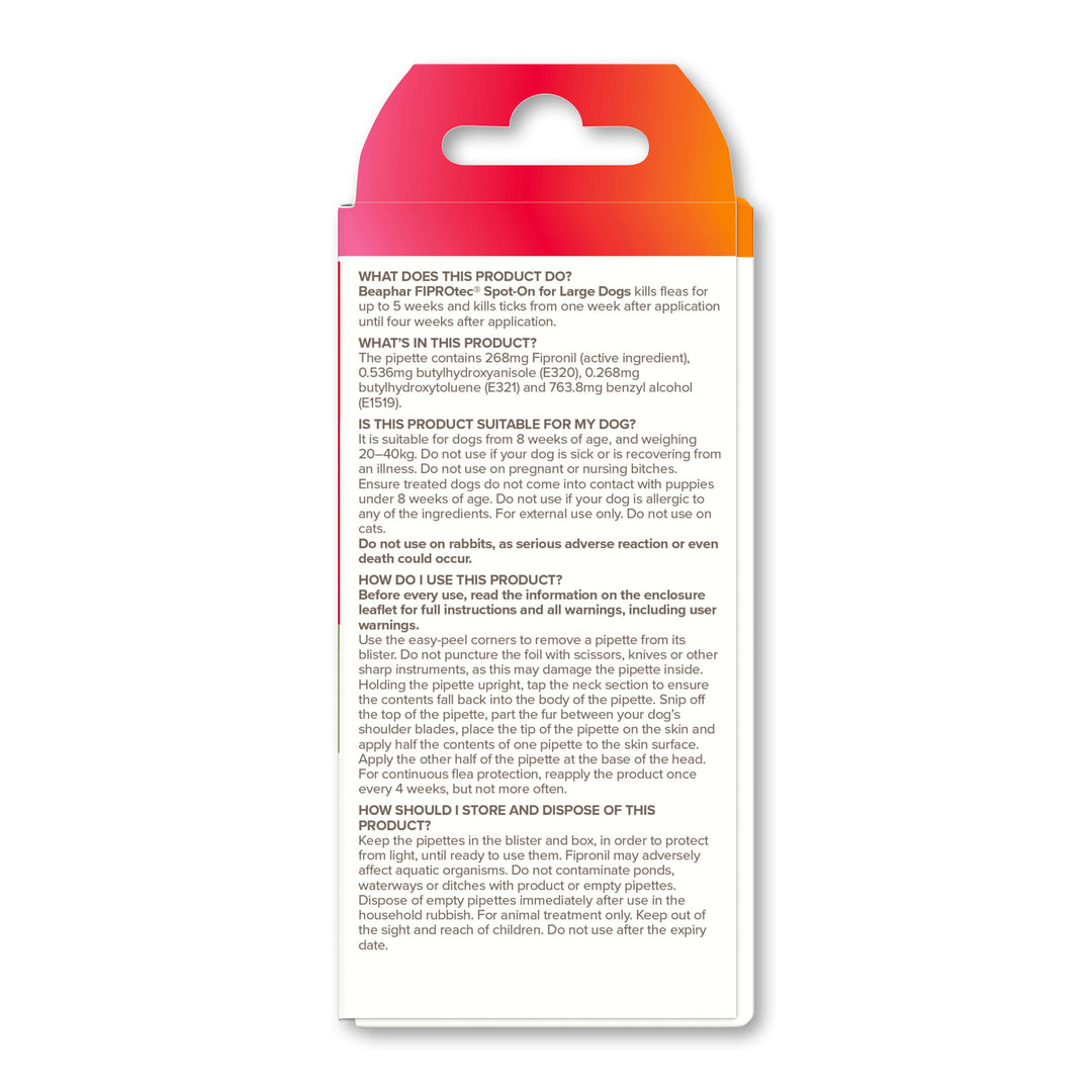 Beaphar FIPROtec Spot-On for Large Dogs, back of pack with product information and directions