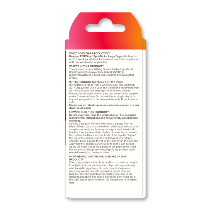 Beaphar FIPROtec Spot-On for Large Dogs, back of pack with product information and directions