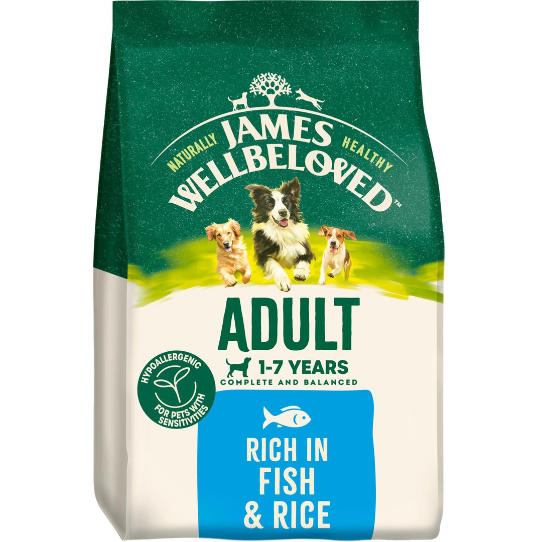 James Wellbeloved Adult 1 to 7 years Fish and Rice dry dog food, front of bag