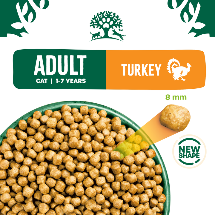 James Wellbeloved Adult Cat Turkey kibble in a bowl, 8mm kibble size
