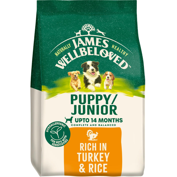 James Wellbeloved Puppy/Junior Turkey & Rice dry dog food 2kg, front of pack