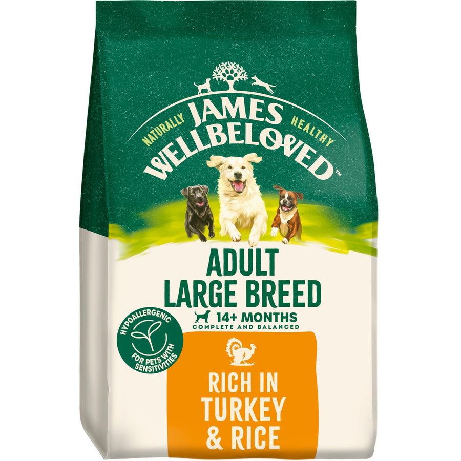 James Wellbeloved Adult Large Breed Turkey and Rice dry dog food bag, new pack design, front