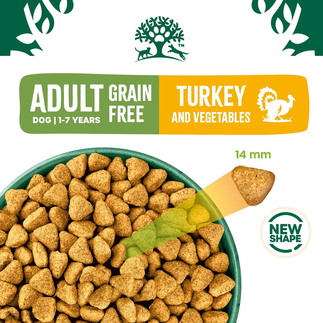 James Wellbeloved Adult Grain Free Turkey and Vegetables kibble in a bowl, 14mm kibble size