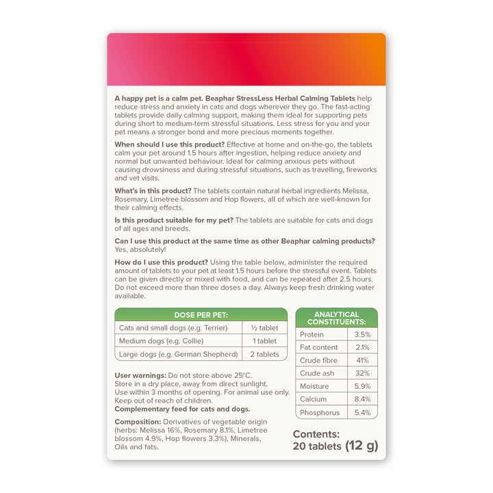 Beaphar StressLess Herbal Calming Tablets back of pack: how to use, dose per pet and composition