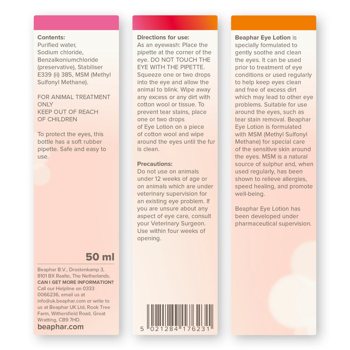 Beaphar Eye Lotion box side panels: ingredients, directions for use and precautions