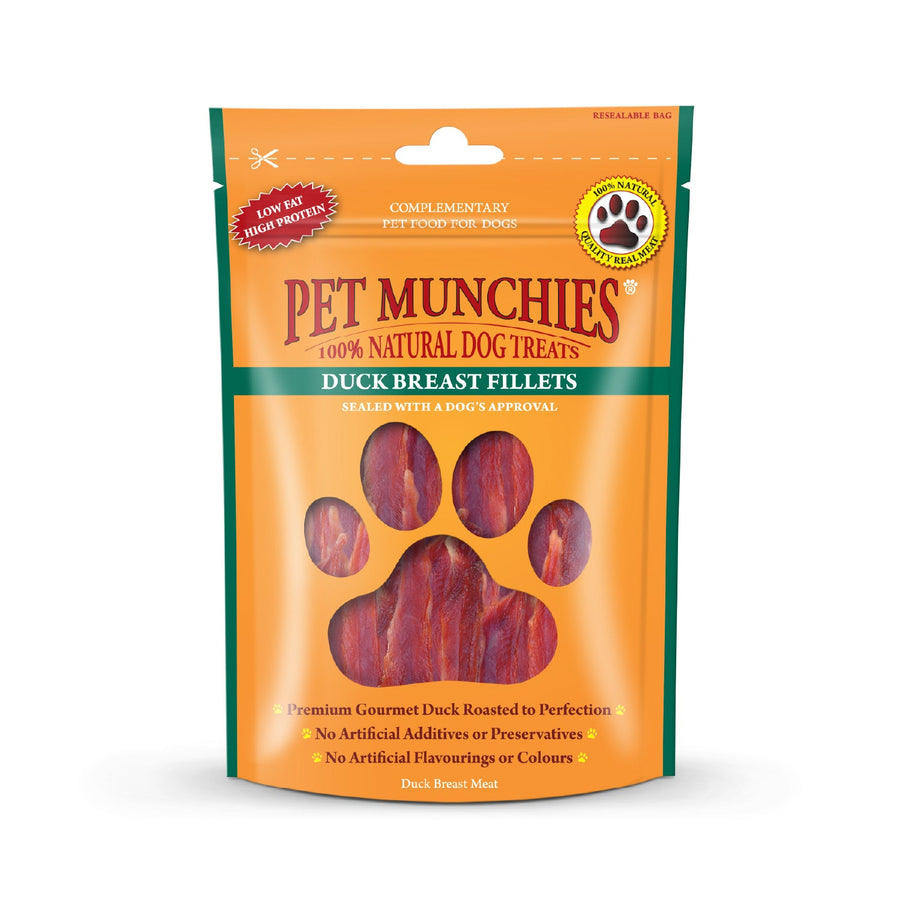 Pet Munchies Duck Breast Fillets dog treats 80g pack, front