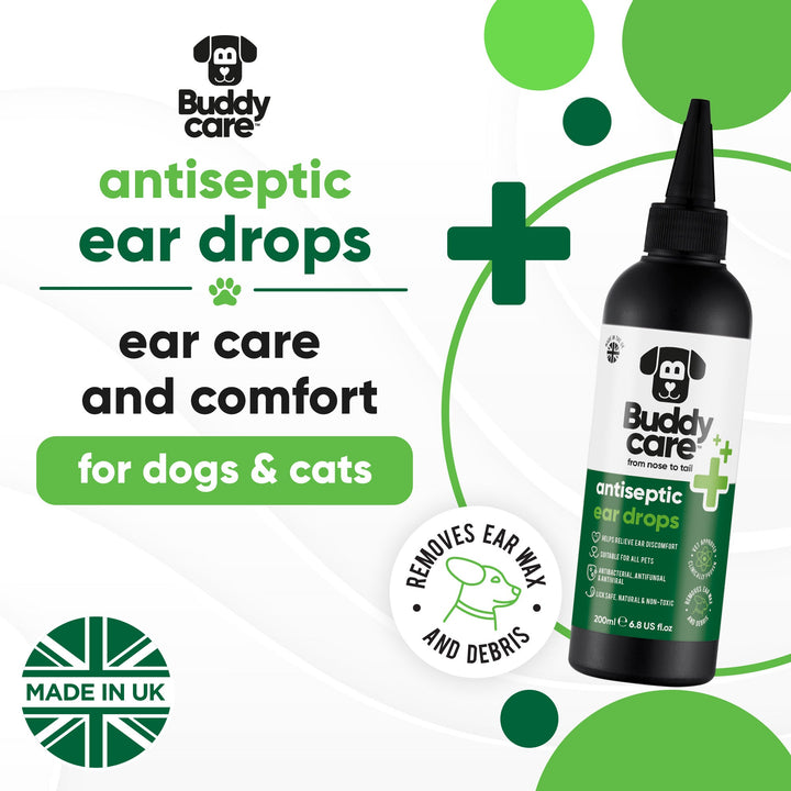 Buddycare Antiseptic Ear Drops for dogs and cats, removes ear wax and debris, made in the UK