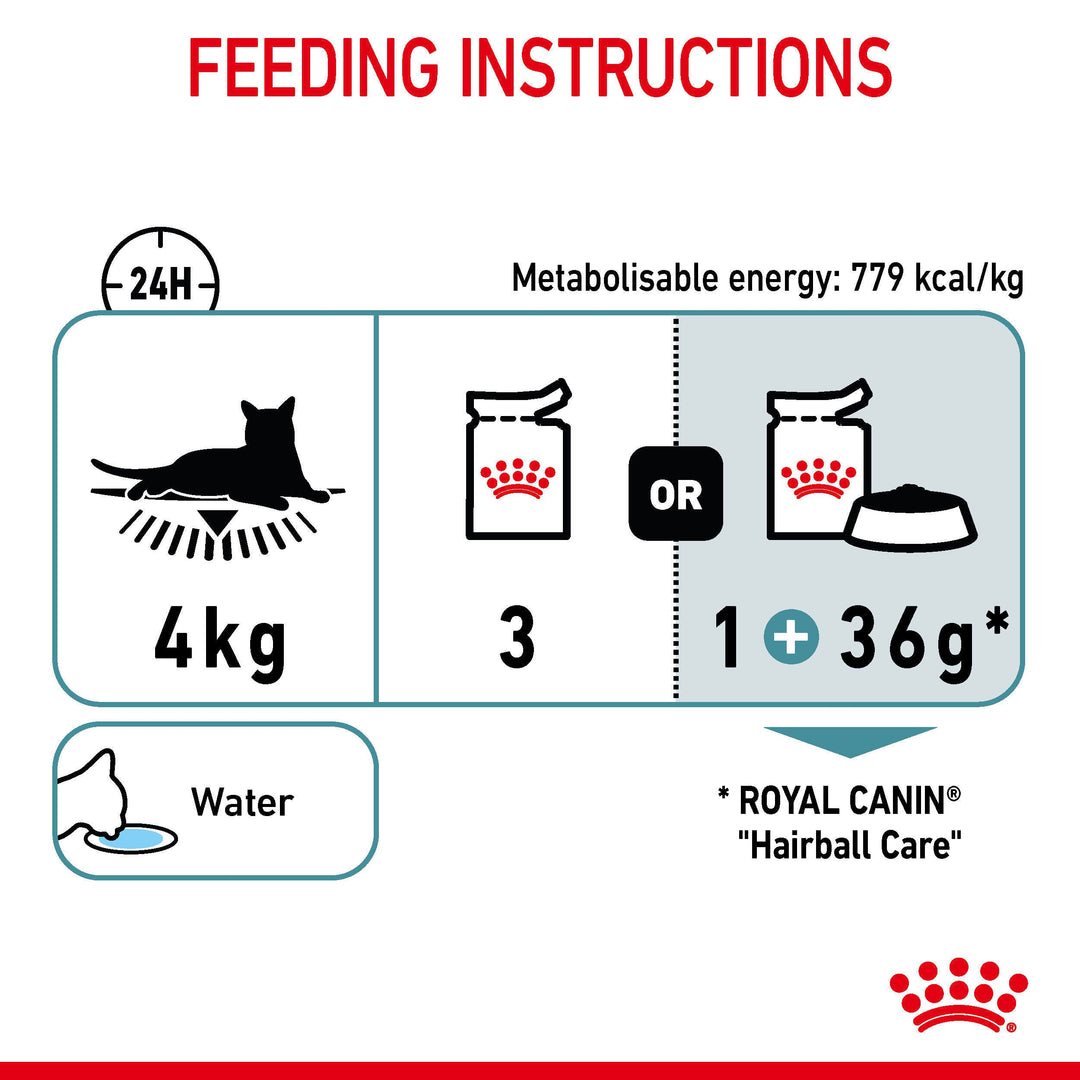Royal Canin Hairball Care in gravy feeding instructions for a 4kg cat