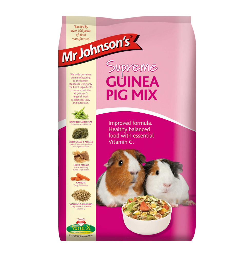 Mr Johnson's Supreme Guinea Pig Mix bag front showing two guinea pigs and a bowl of mix