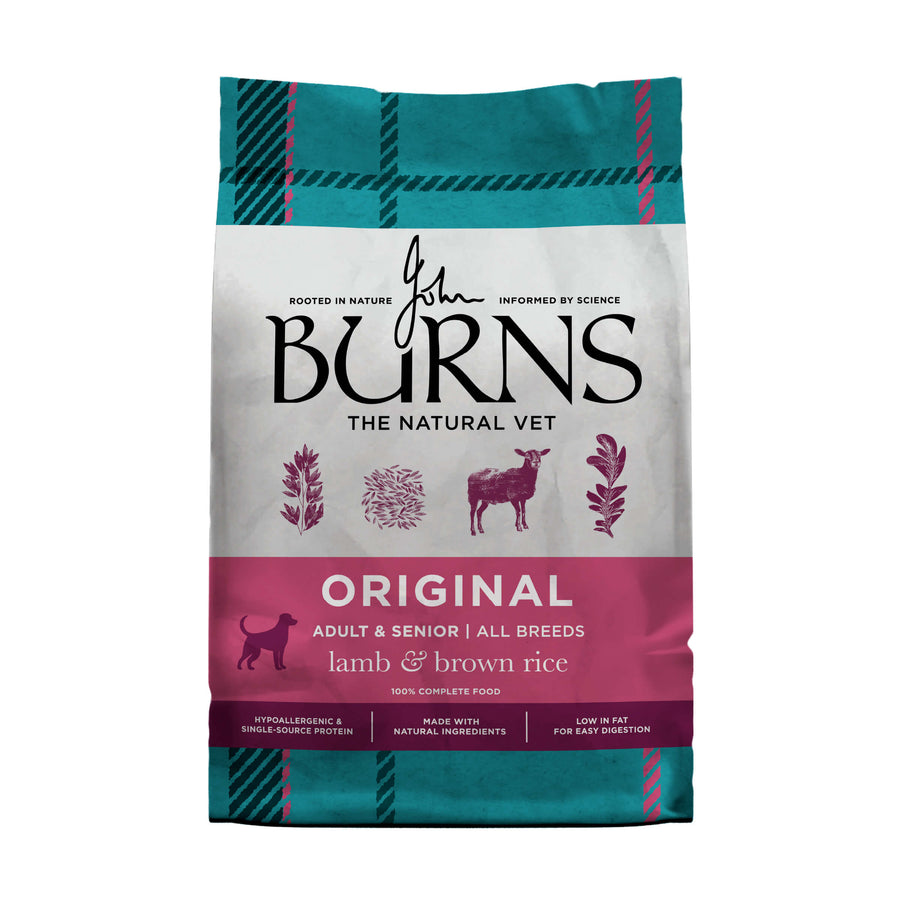 Burns Original Lamb & Brown Rice Adult & Senior dry dog food, front of pack (new Burns packaging)