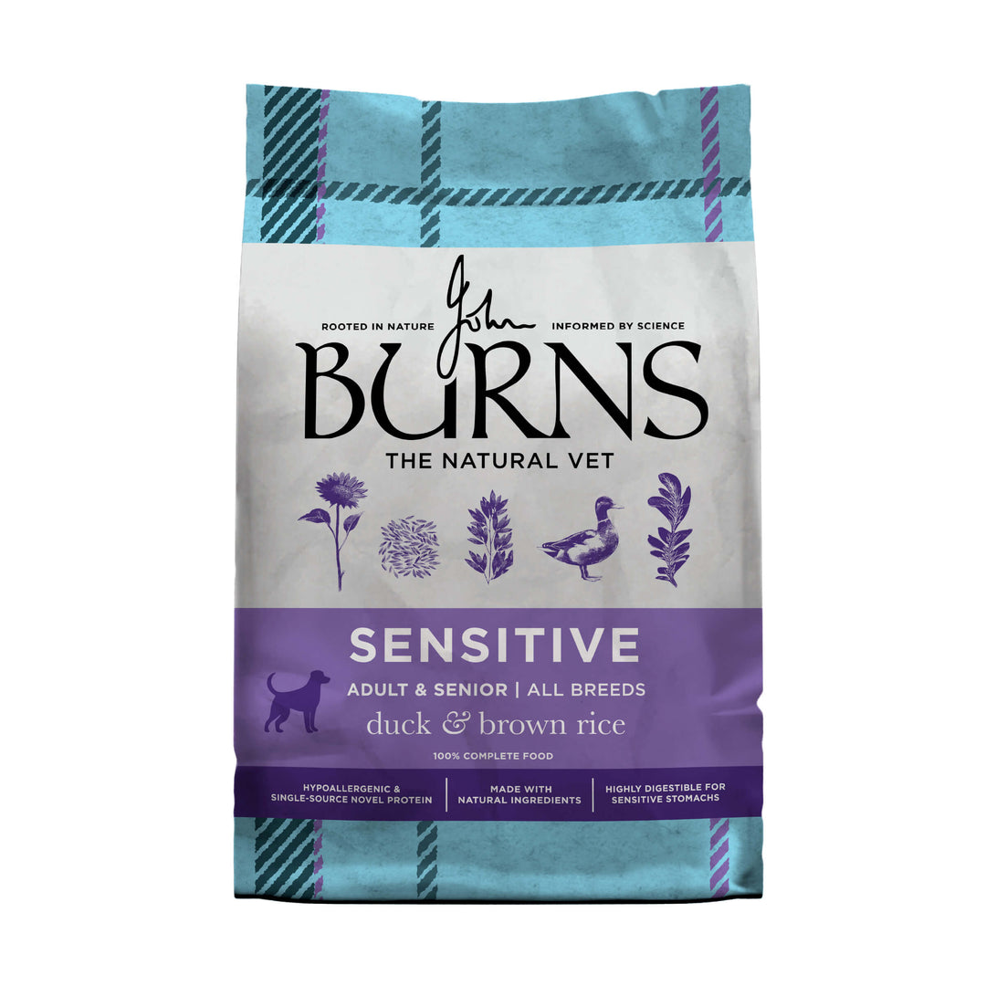 Burns Sensitive Duck & Brown Rice Adult & Senior dry dog food, front of pack (new Burns packaging)