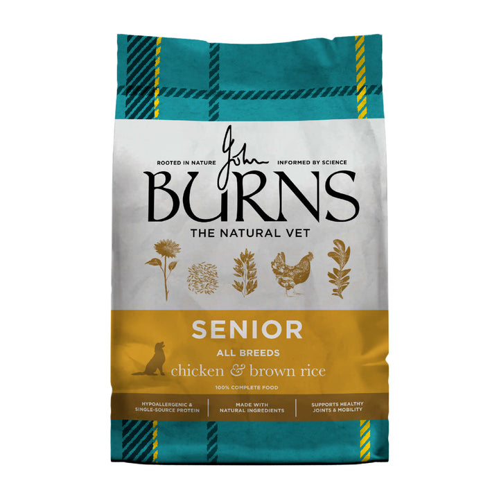 Burns Senior Chicken & Brown Rice dry dog food, front of pack (current packaging)