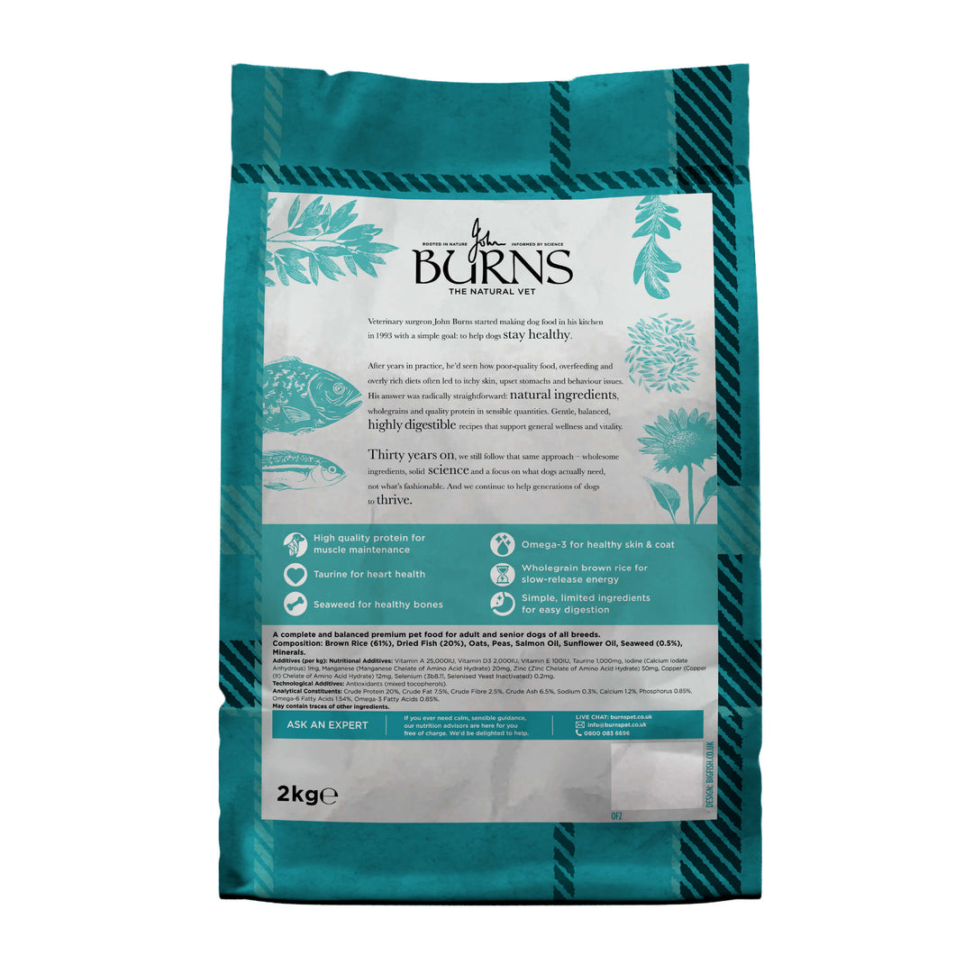 Burns Original Fish & Brown Rice dog food, back of pack with product information