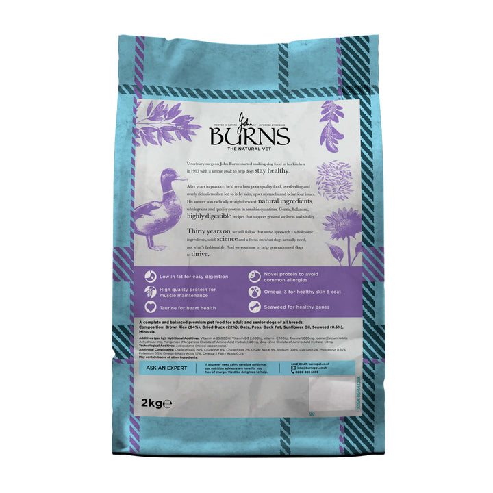 Burns Sensitive Duck & Brown Rice dog food, back of pack with product information