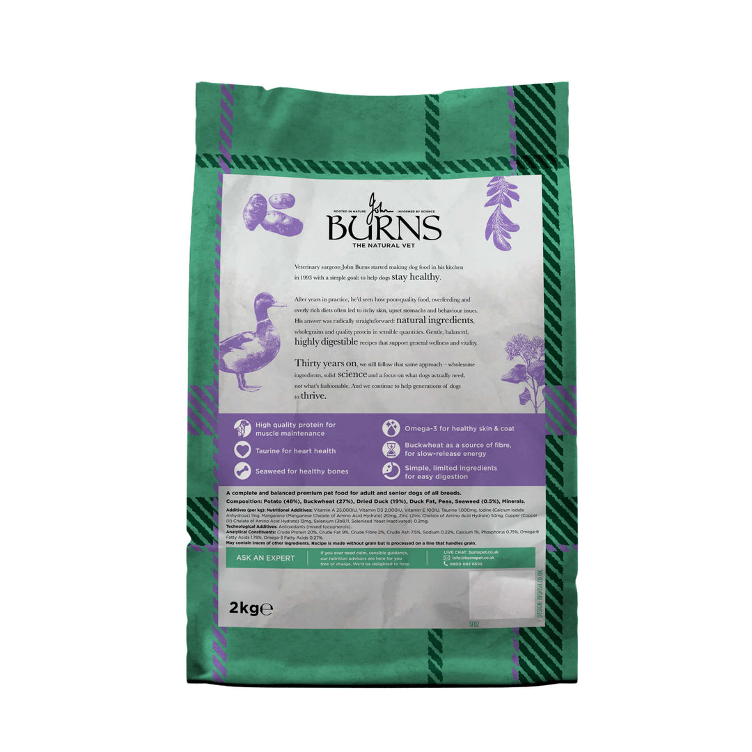 Burns Grain Free Duck and Potato dry dog food, back of pack