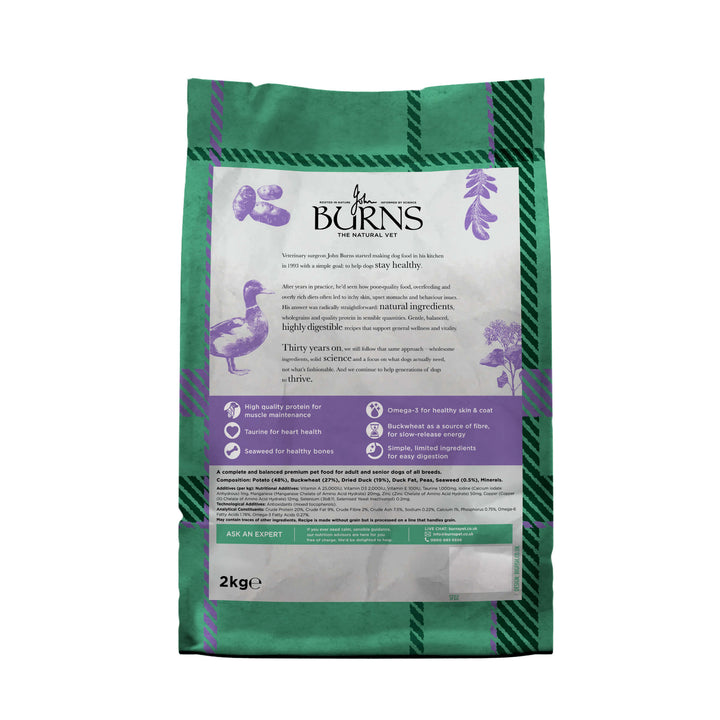 Burns Grain Free Duck and Potato dry dog food, back of pack