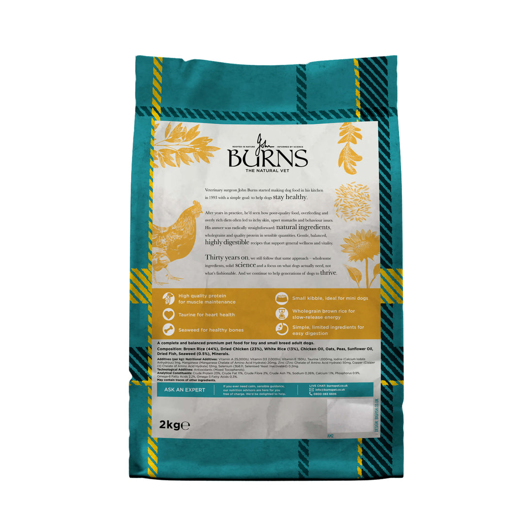 Burns Original Chicken and Rice Toy and Small Breed 2kg bag, back of pack