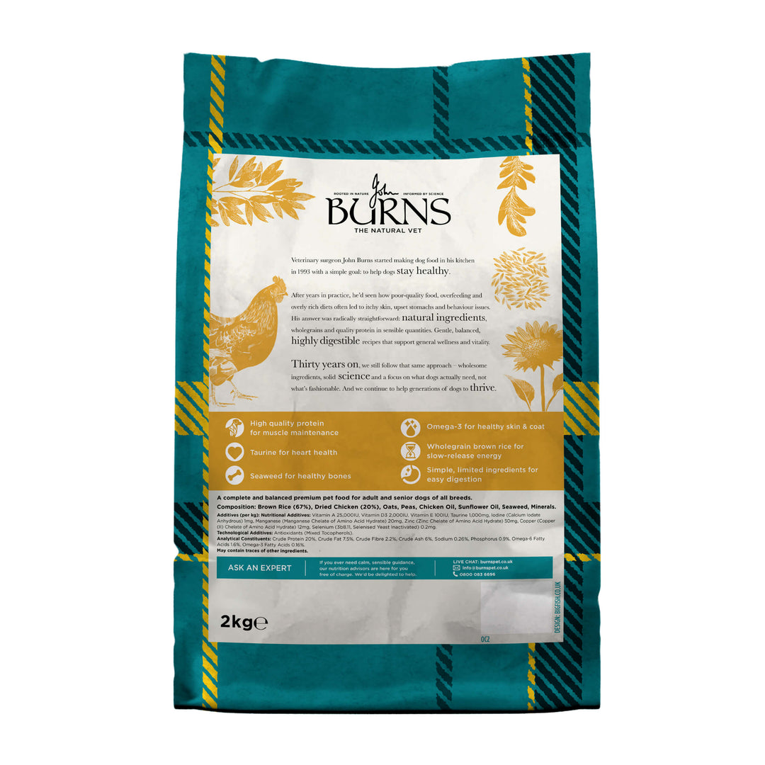 Burns Original Chicken & Brown Rice dog food, back of pack with product information