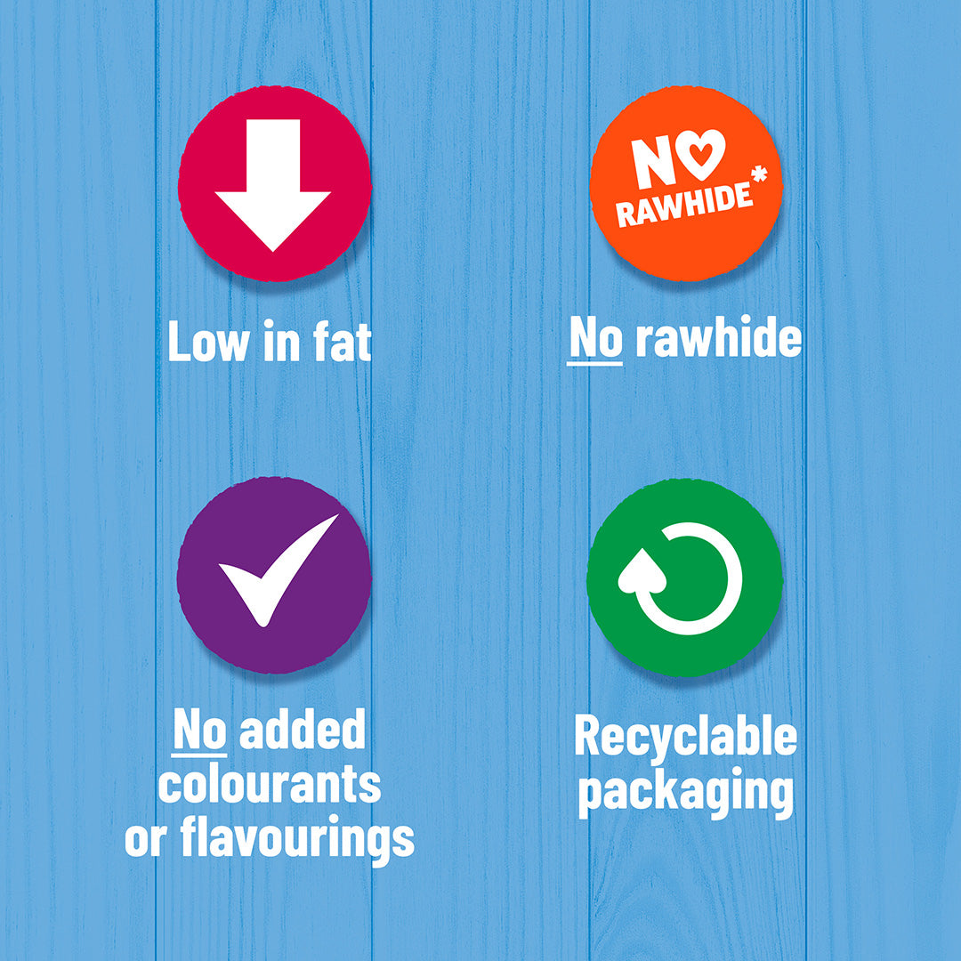 Bakers treats benefits: low in fat, no rawhide, no added colourants or flavourings, recyclable packaging