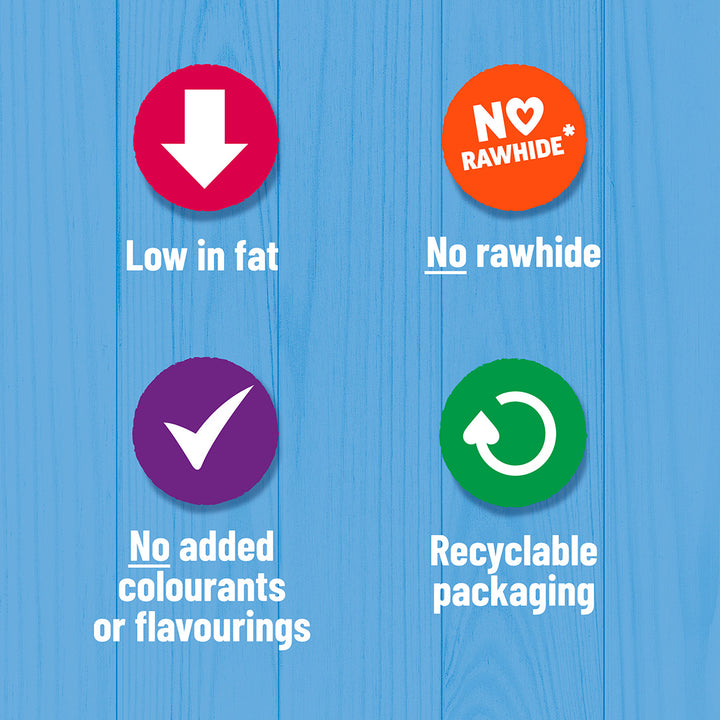 Bakers treats benefits: low in fat, no rawhide, no added colourants or flavourings, recyclable packaging