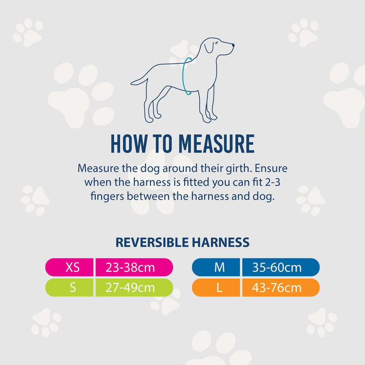 Ancol Soho reversible harness size guide: XS 23 to 38cm, S 27 to 49cm, M 35 to 60cm, L 43 to 76cm