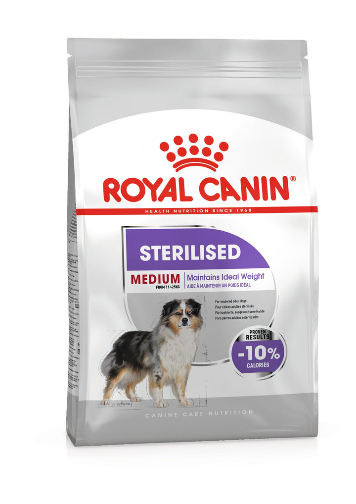 Royal Canin Medium Sterilised adult dry dog food bag, front of pack