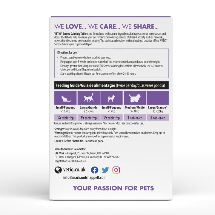 VetIQ Serene Calming Tablets box back with directions for use and twice daily feeding guide