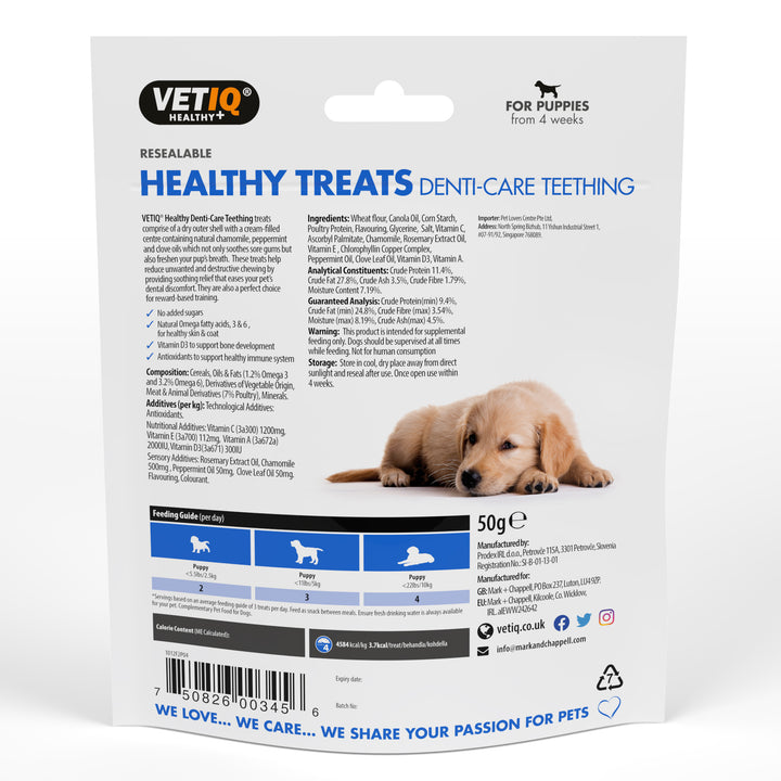 VETIQ Healthy Treats Denti-Care Teething 50g pouch, back of pack with ingredients and feeding guide