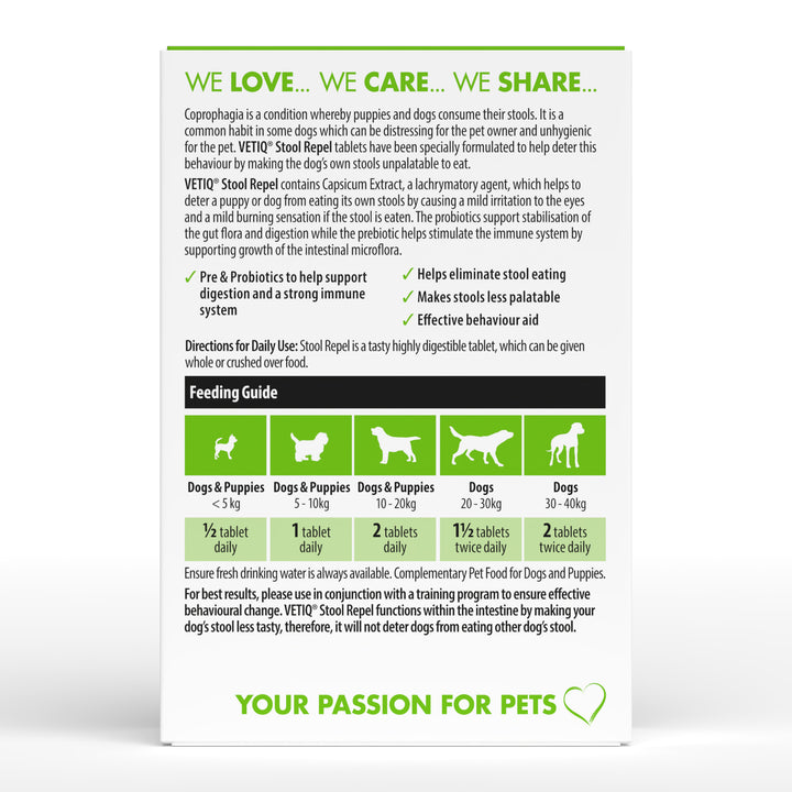 VETIQ Stool Repel Tablets back of pack with directions and feeding guide by dog weight